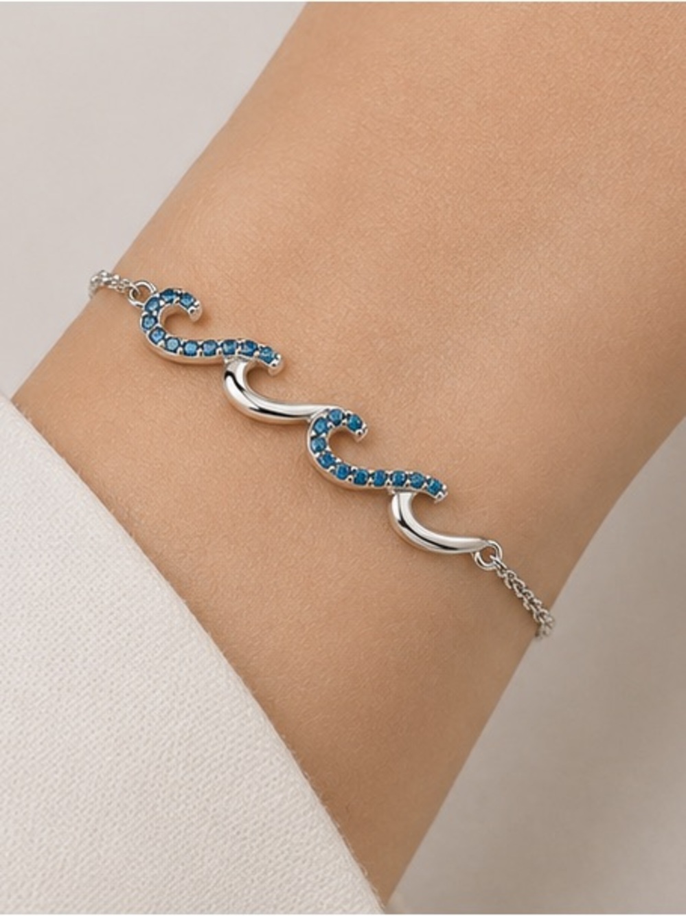 💦 Waterproof💦 Silver Wave Bracelet with Blue Crystal Accents